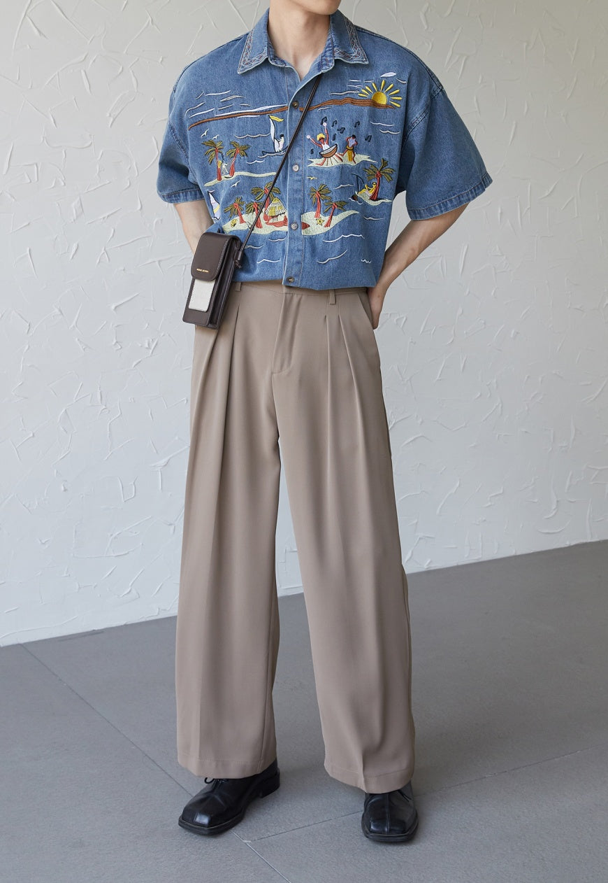 UZIP DESIGE Menâ€™s  Vintage Hawaiian Embroidered Denim Shirt