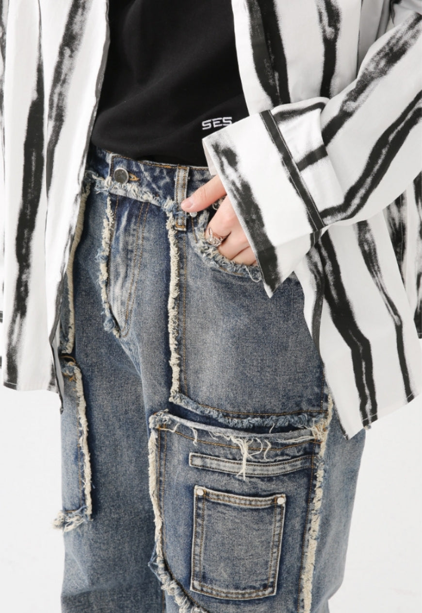 UZIP DESIGN Unisex vintage frayed panel jeans