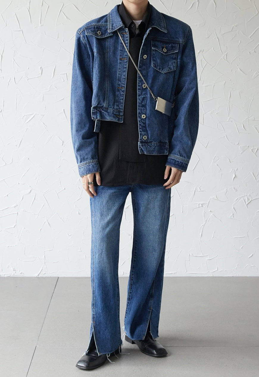 Men's asymmetric denim bomber jacket