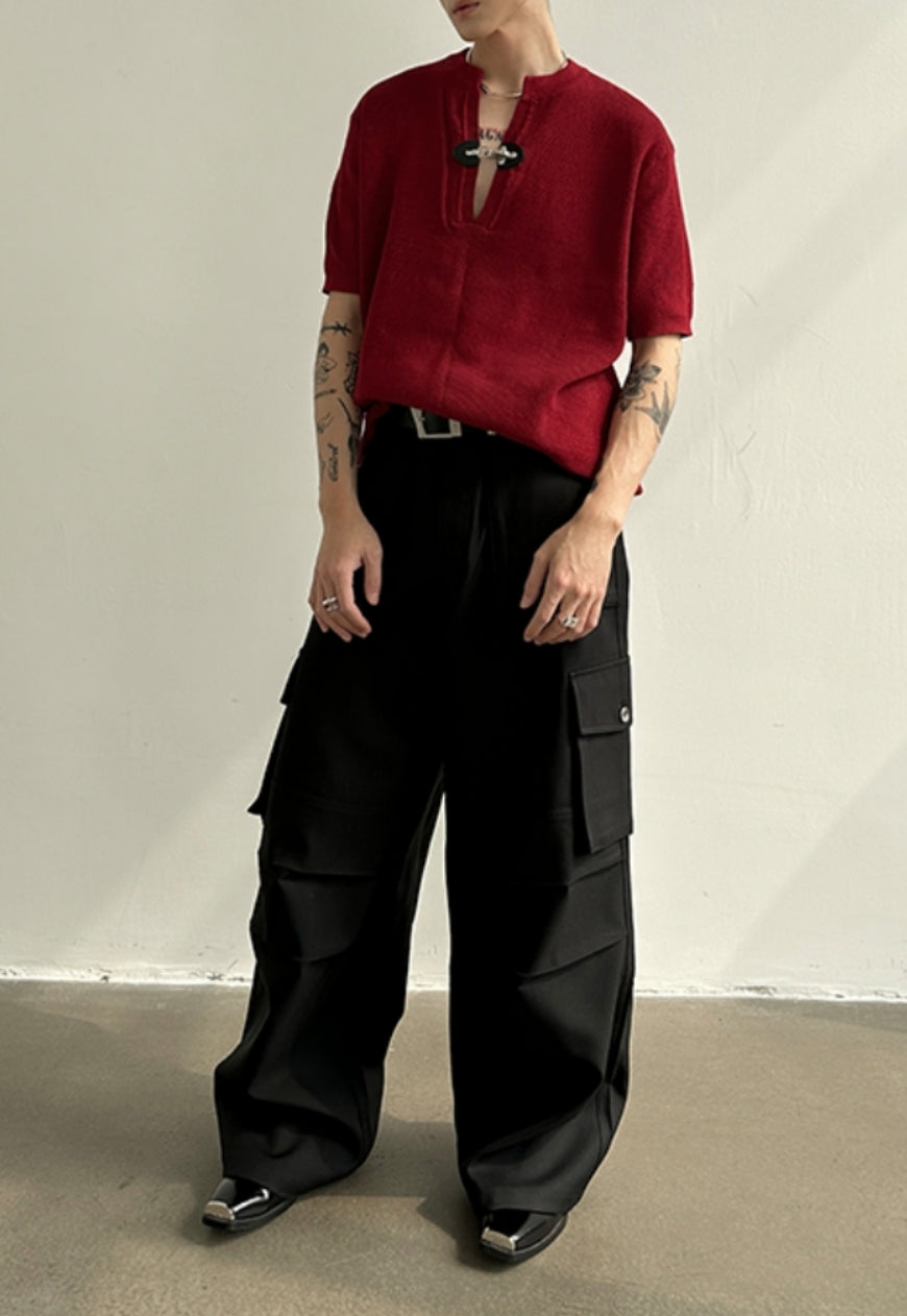 Men's Metal Buckle V-Neck Knit Top