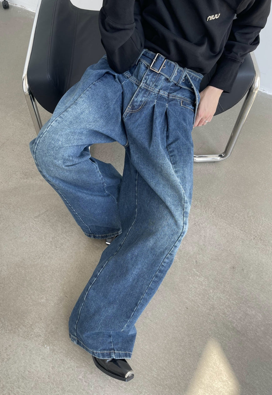 UZIP DESIGN Men's Retro Self-Belt Jeans