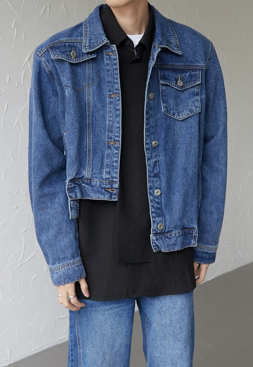 Men's asymmetric denim bomber jacket