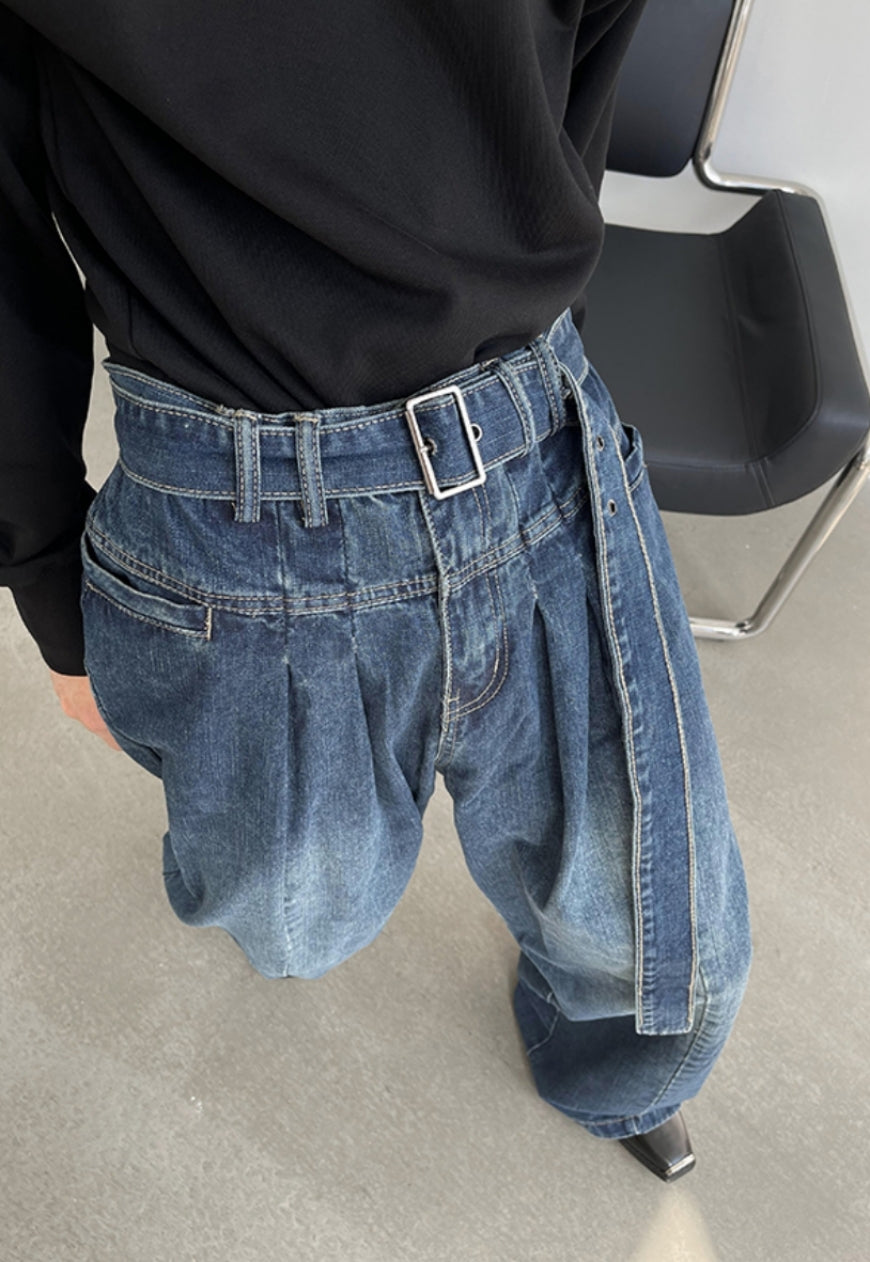 UZIP DESIGN Men's Retro Self-Belt Jeans