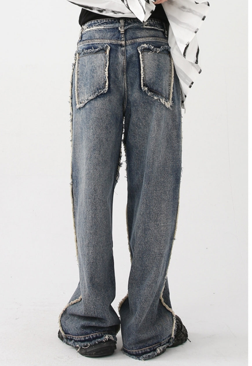 UZIP DESIGN Unisex vintage frayed panel jeans