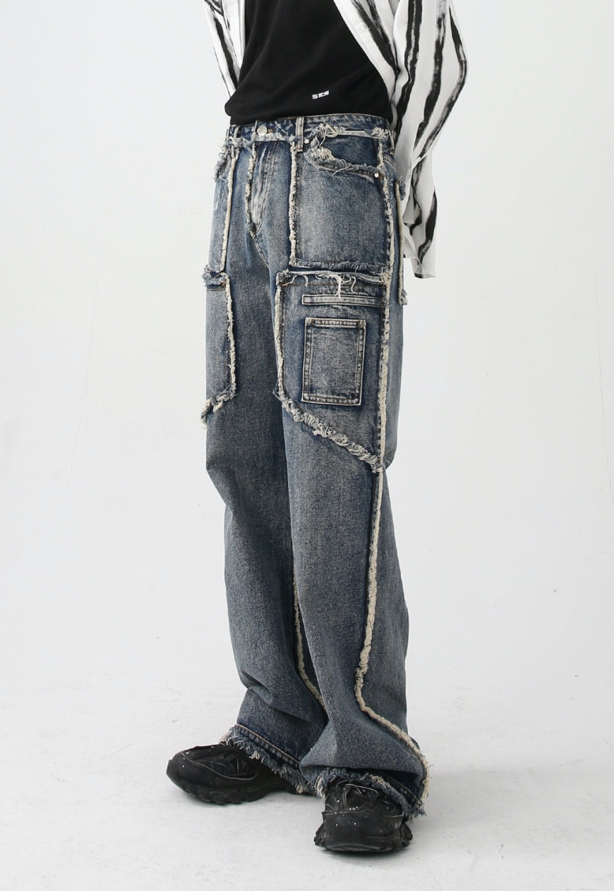 UZIP DESIGN Unisex vintage frayed panel jeans