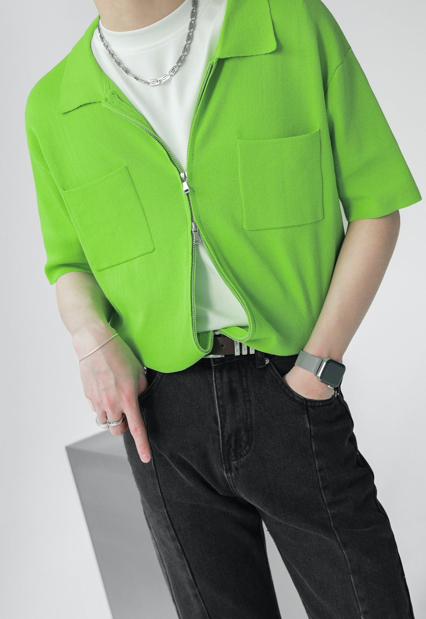 UZIP DESIGE Men's Double Zip Green Knit Polo Shirt SS2022 VOL.3