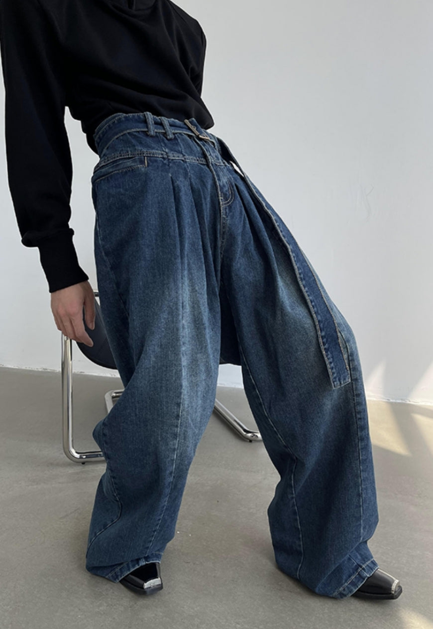 UZIP DESIGN Men's Retro Self-Belt Jeans