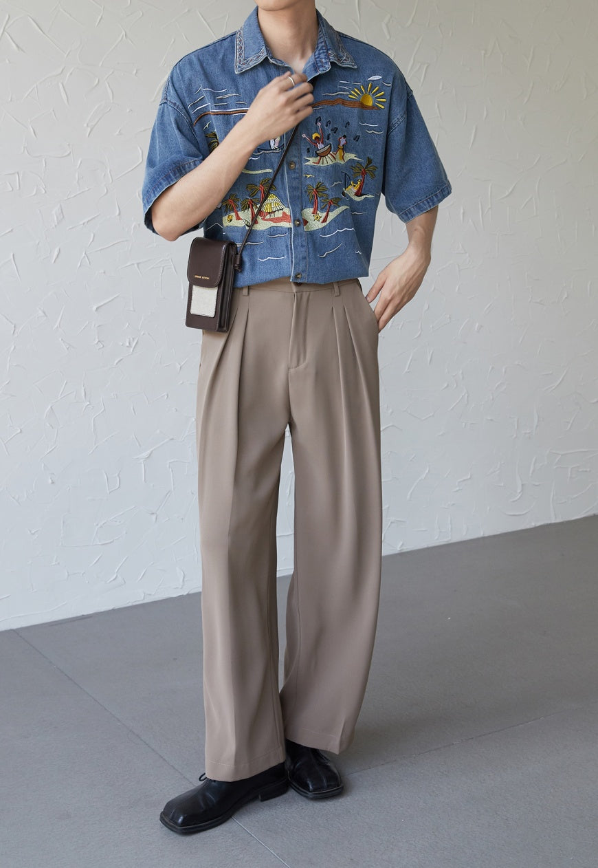 UZIP DESIGE Menâ€™s  Vintage Hawaiian Embroidered Denim Shirt