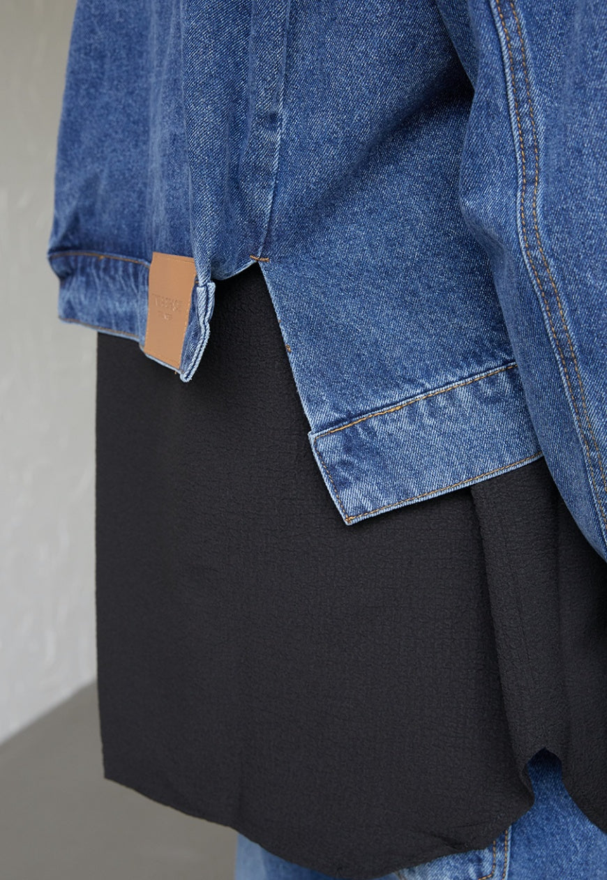 Men's asymmetric denim bomber jacket