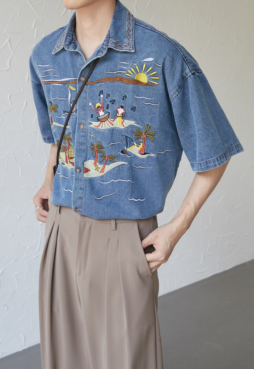 UZIP DESIGE Menâ€™s  Vintage Hawaiian Embroidered Denim Shirt