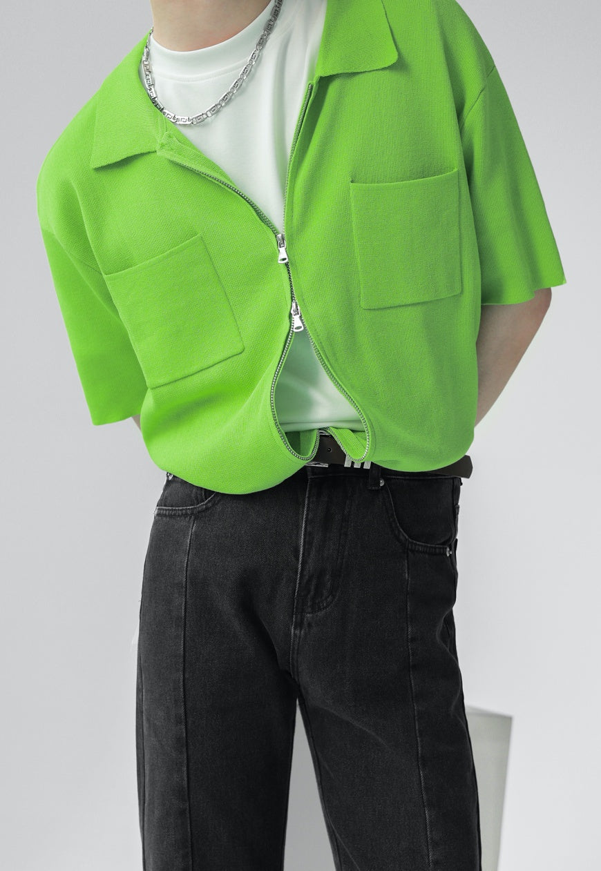 UZIP DESIGE Men's Double Zip Green Knit Polo Shirt SS2022 VOL.3