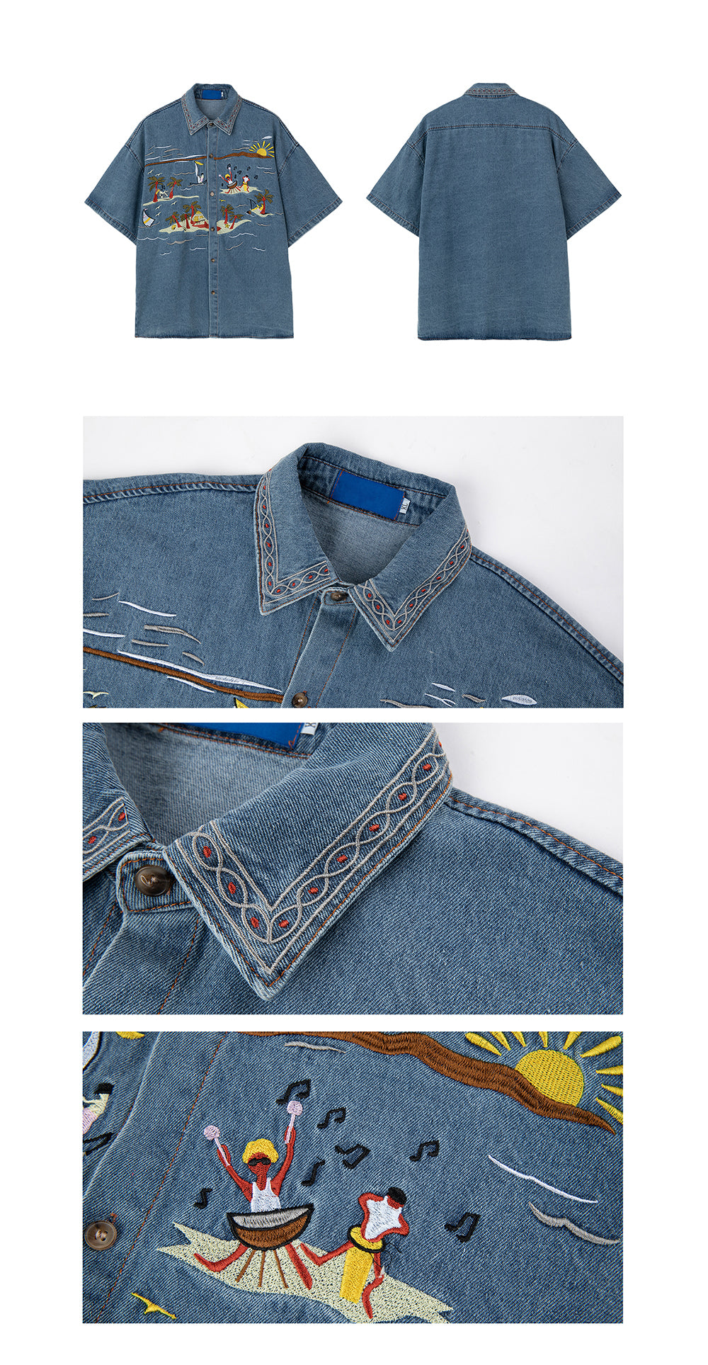 UZIP DESIGE Menâ€™s  Vintage Hawaiian Embroidered Denim Shirt
