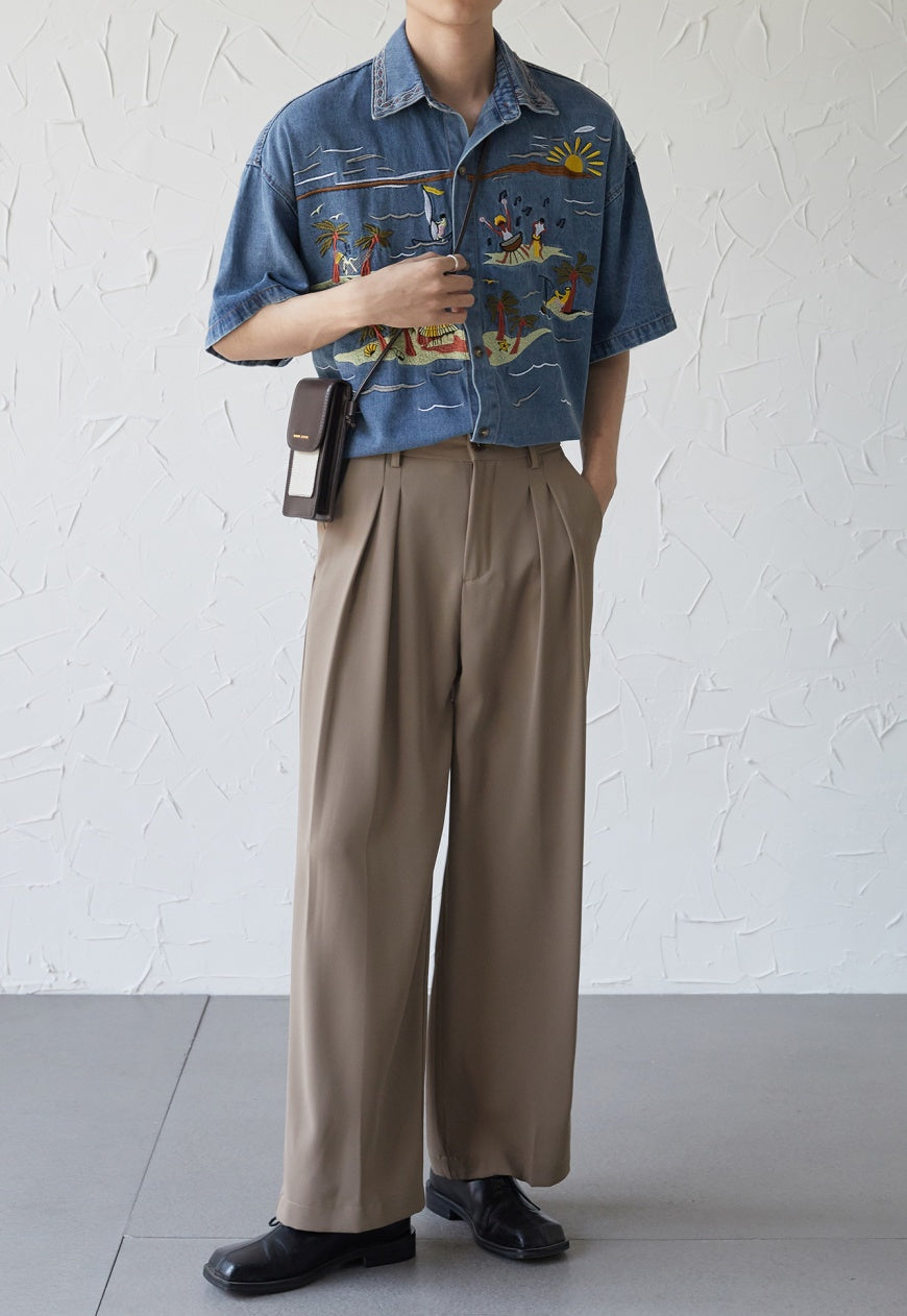 UZIP DESIGE Menâ€™s  Vintage Hawaiian Embroidered Denim Shirt