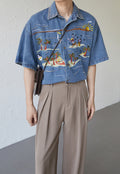 UZIP DESIGE Menâ€™s  Vintage Hawaiian Embroidered Denim Shirt