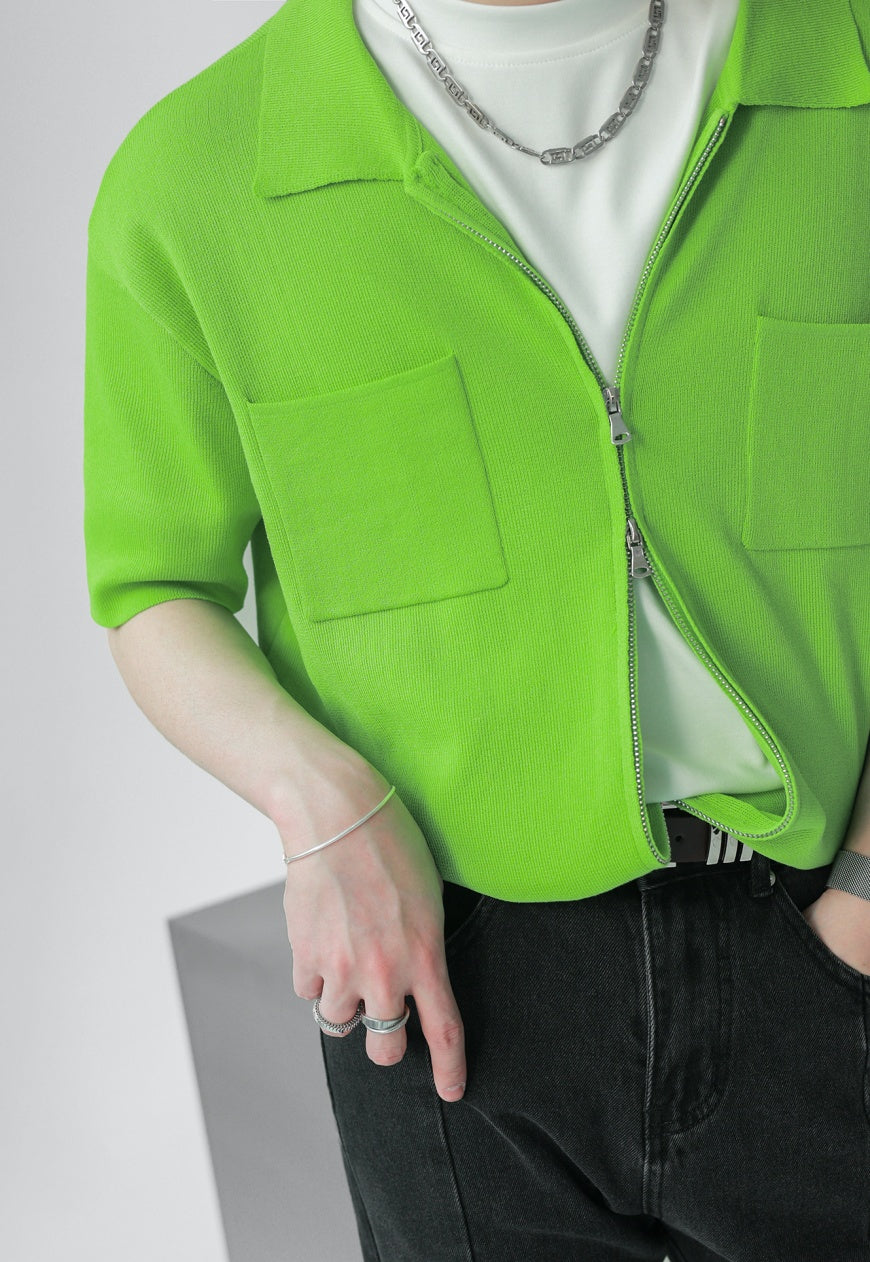 UZIP DESIGE Men's Double Zip Green Knit Polo Shirt SS2022 VOL.3
