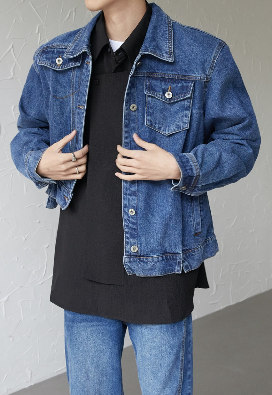 Men's asymmetric denim bomber jacket