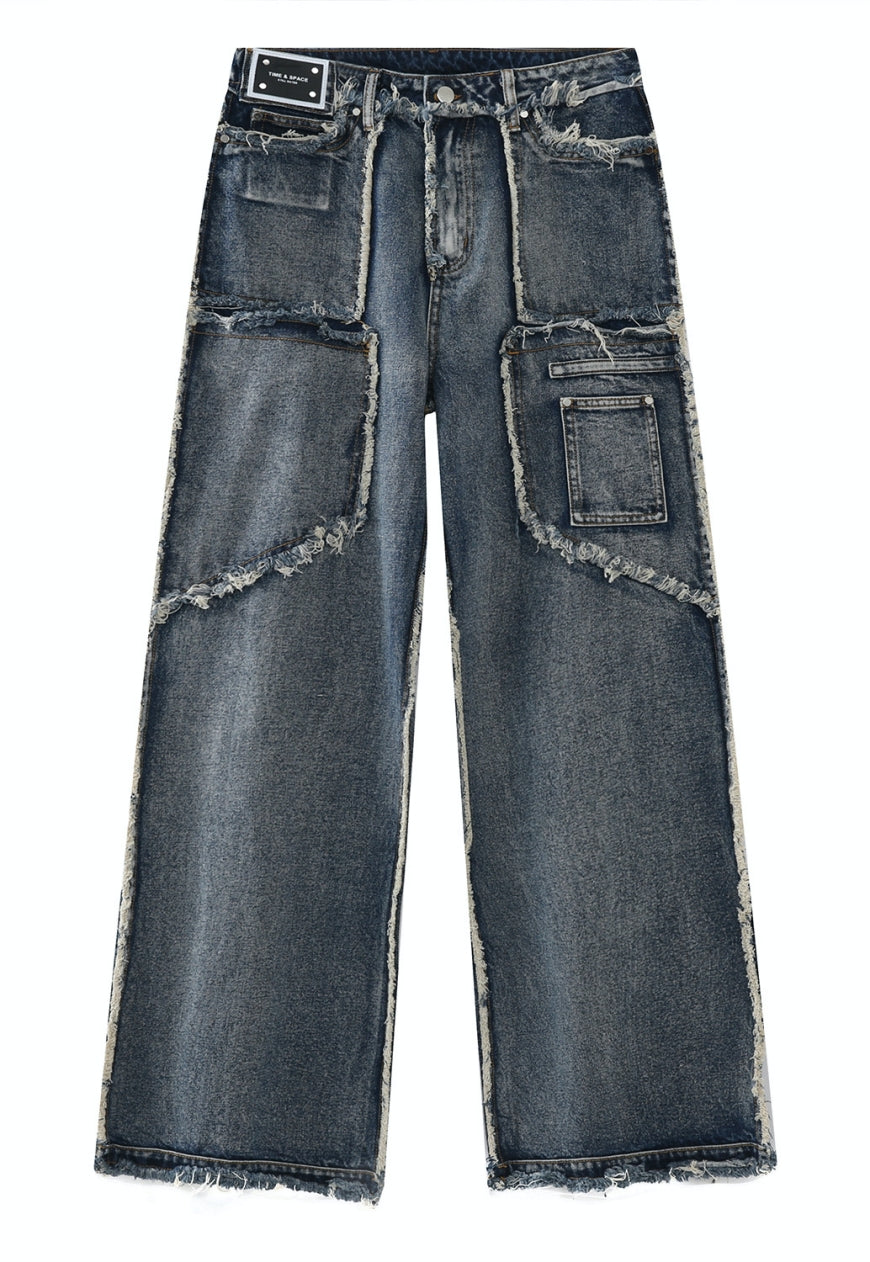 UZIP DESIGN Unisex vintage frayed panel jeans