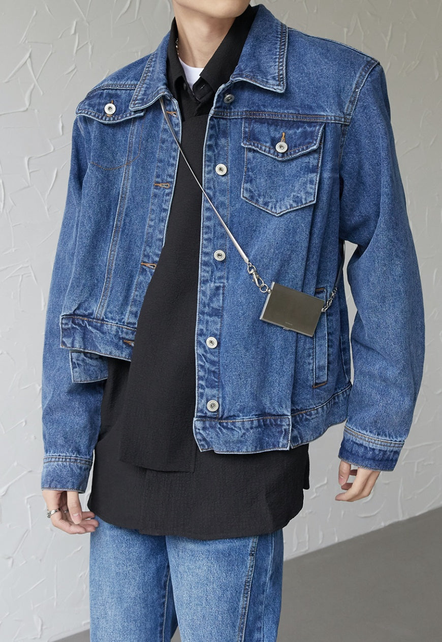 Men's asymmetric denim bomber jacket