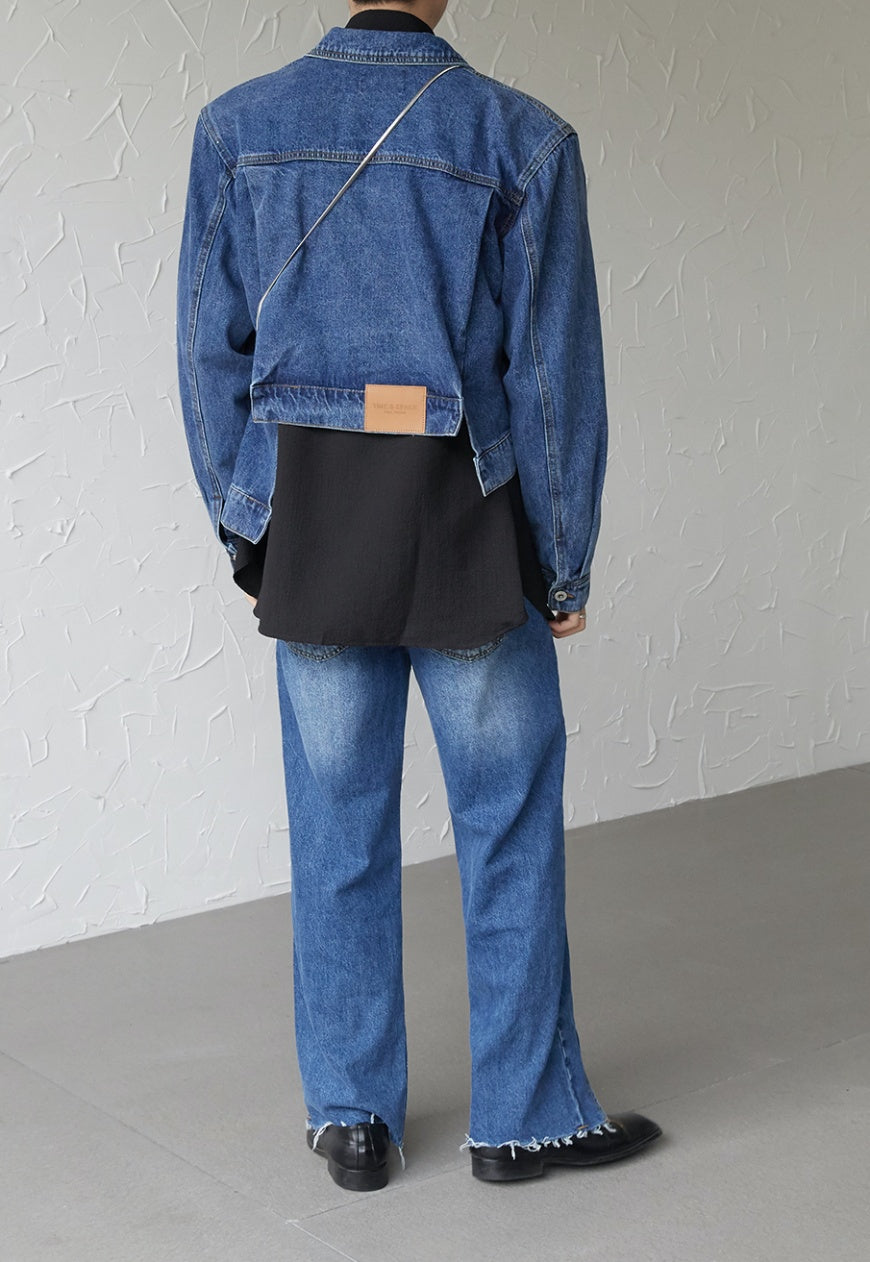 Men's asymmetric denim bomber jacket
