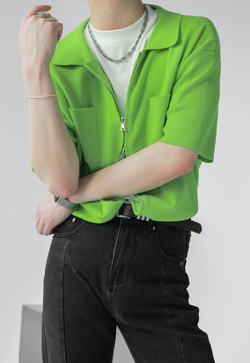 UZIP DESIGE Men's Double Zip Green Knit Polo Shirt SS2022 VOL.3