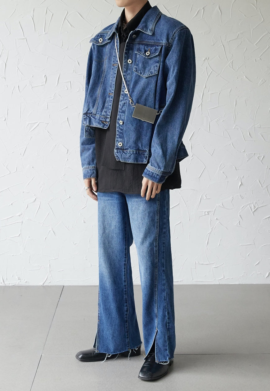 Men's asymmetric denim bomber jacket
