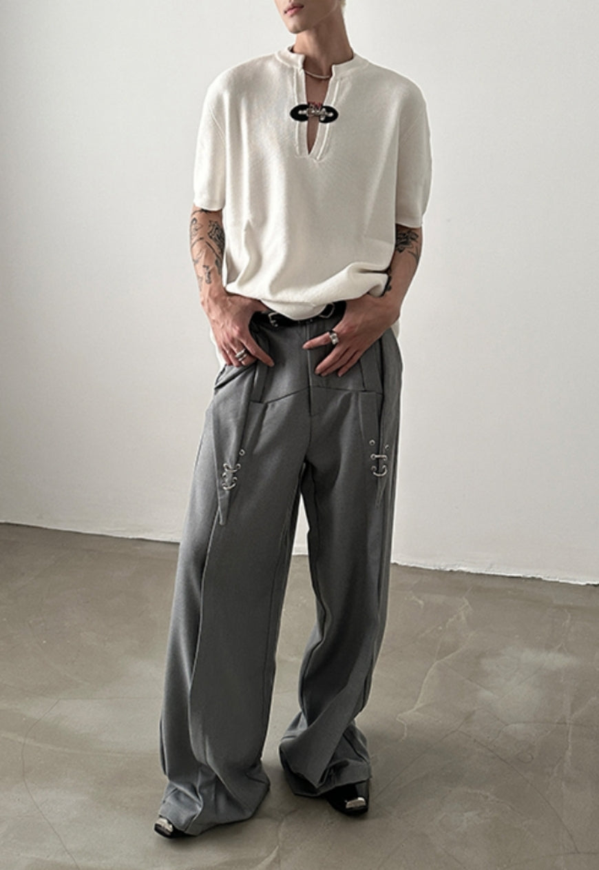 Men's Metal Buckle V-Neck Knit Top