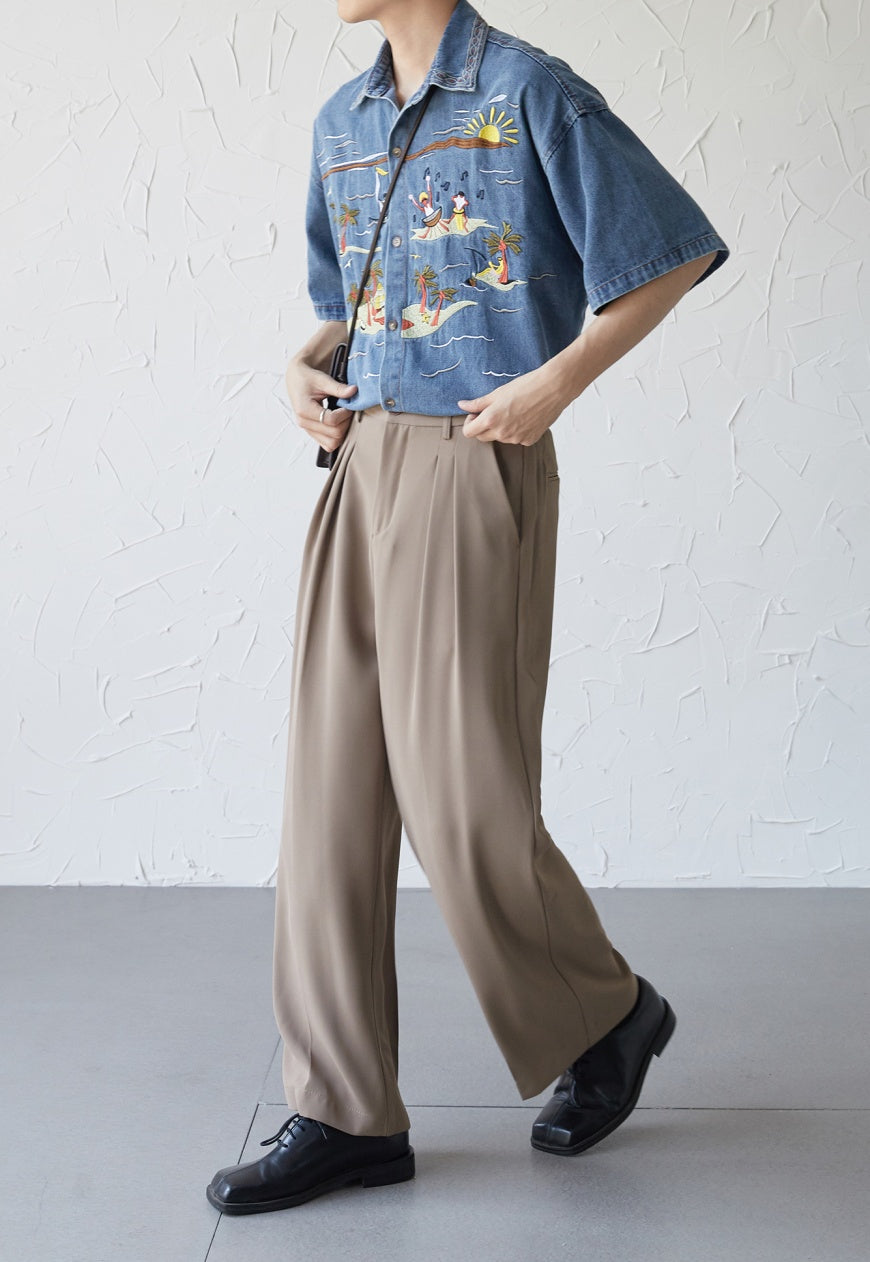 UZIP DESIGE Menâ€™s  Vintage Hawaiian Embroidered Denim Shirt