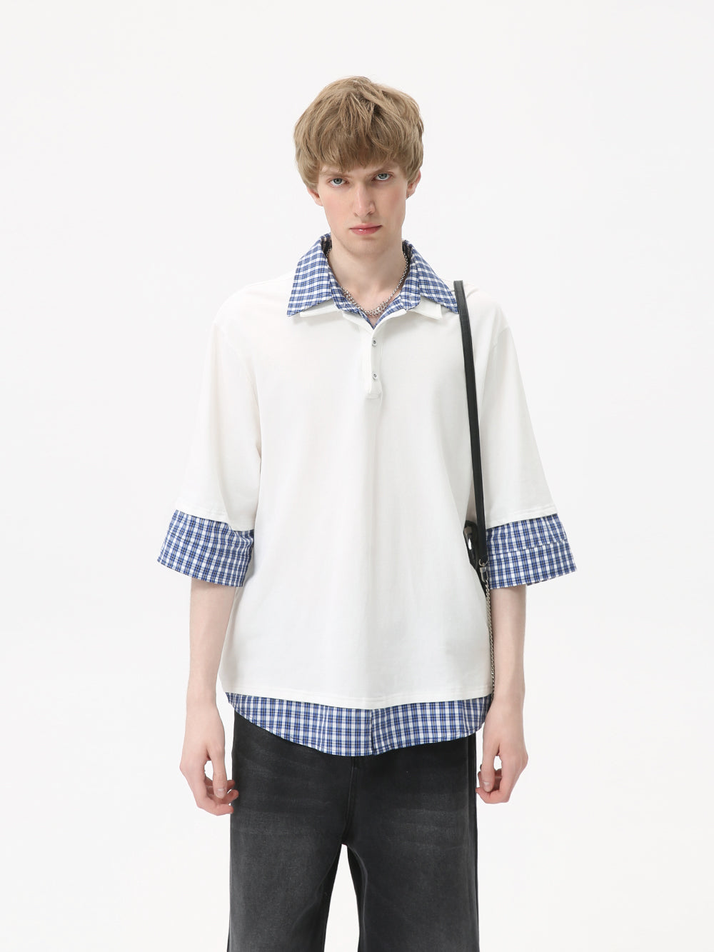 Men's College style fake two-piece plaid POLO shirt