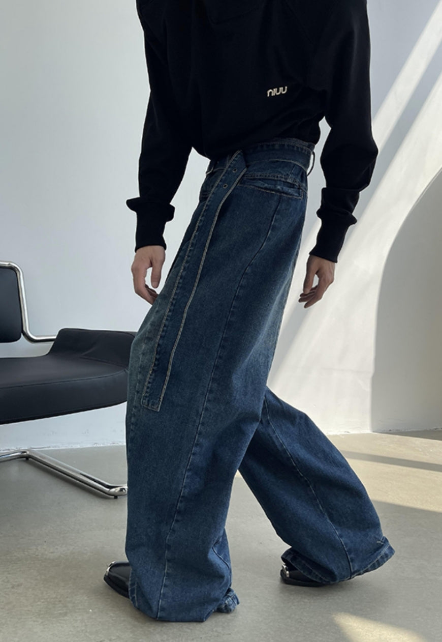 UZIP DESIGN Men's Retro Self-Belt Jeans