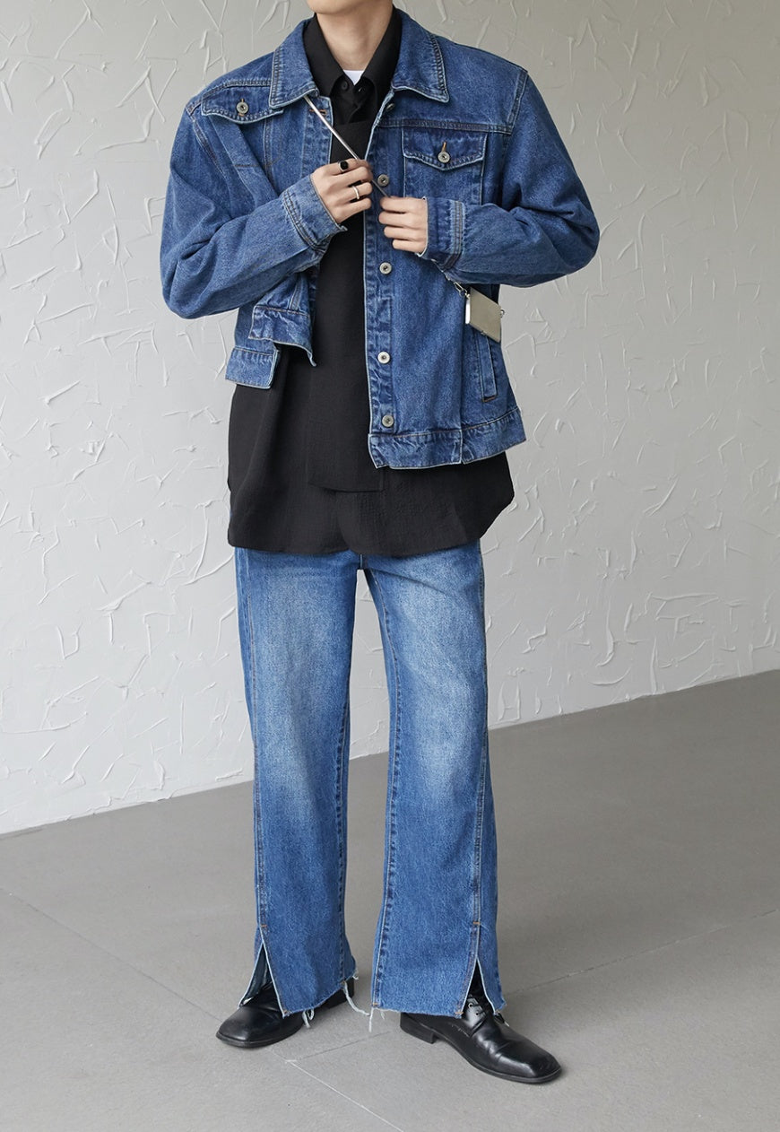 Men's asymmetric denim bomber jacket