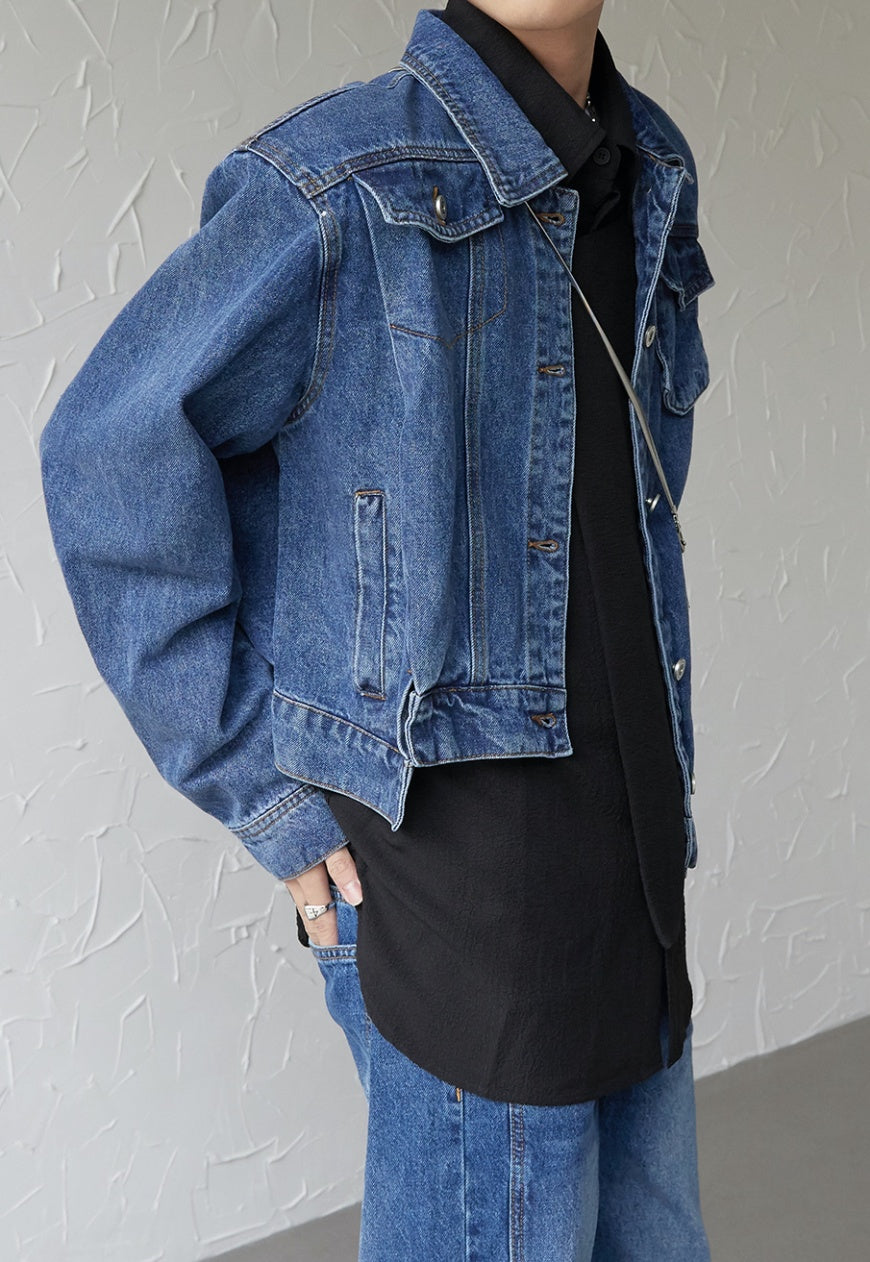 Men's asymmetric denim bomber jacket