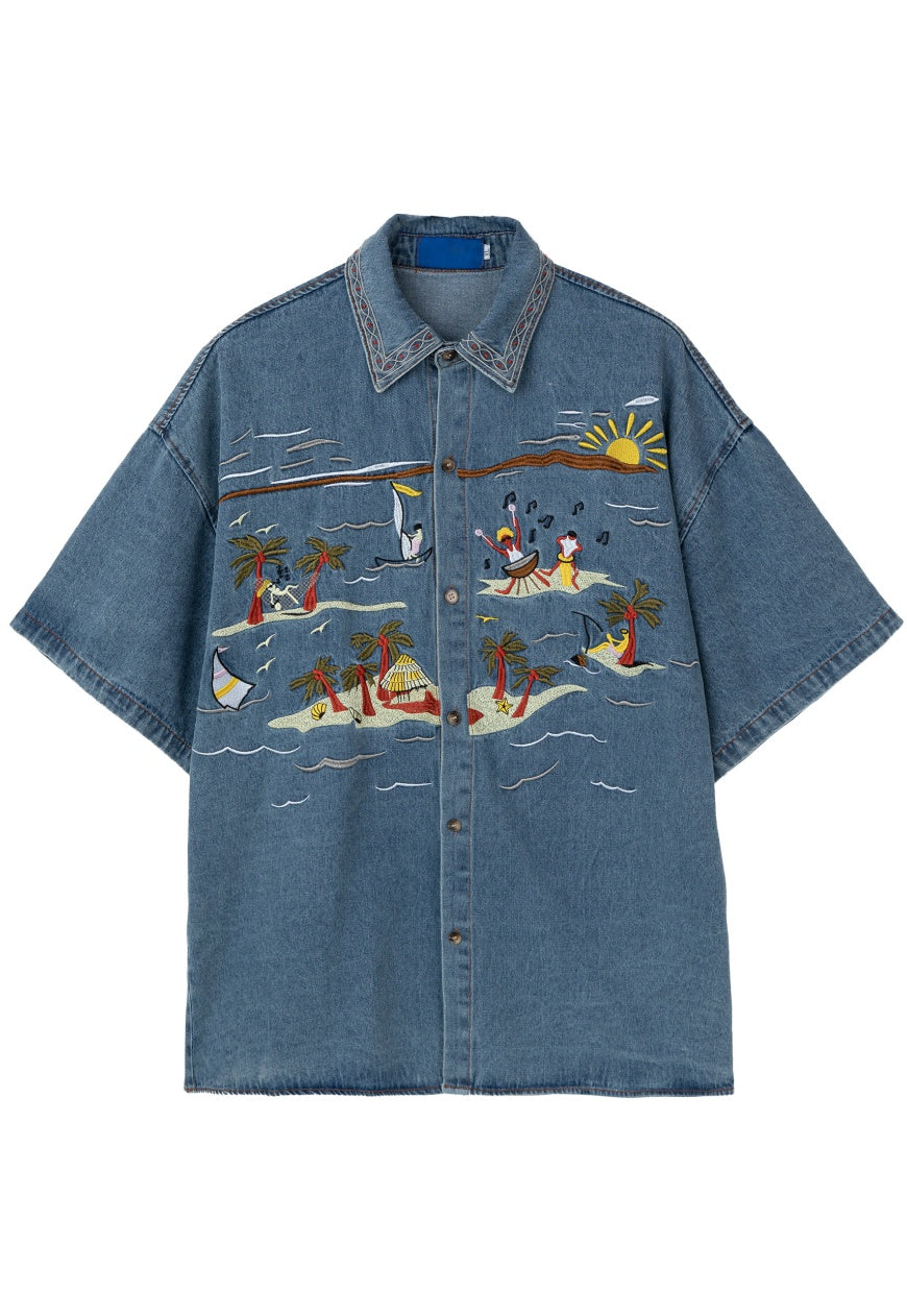 UZIP DESIGE Menâ€™s  Vintage Hawaiian Embroidered Denim Shirt