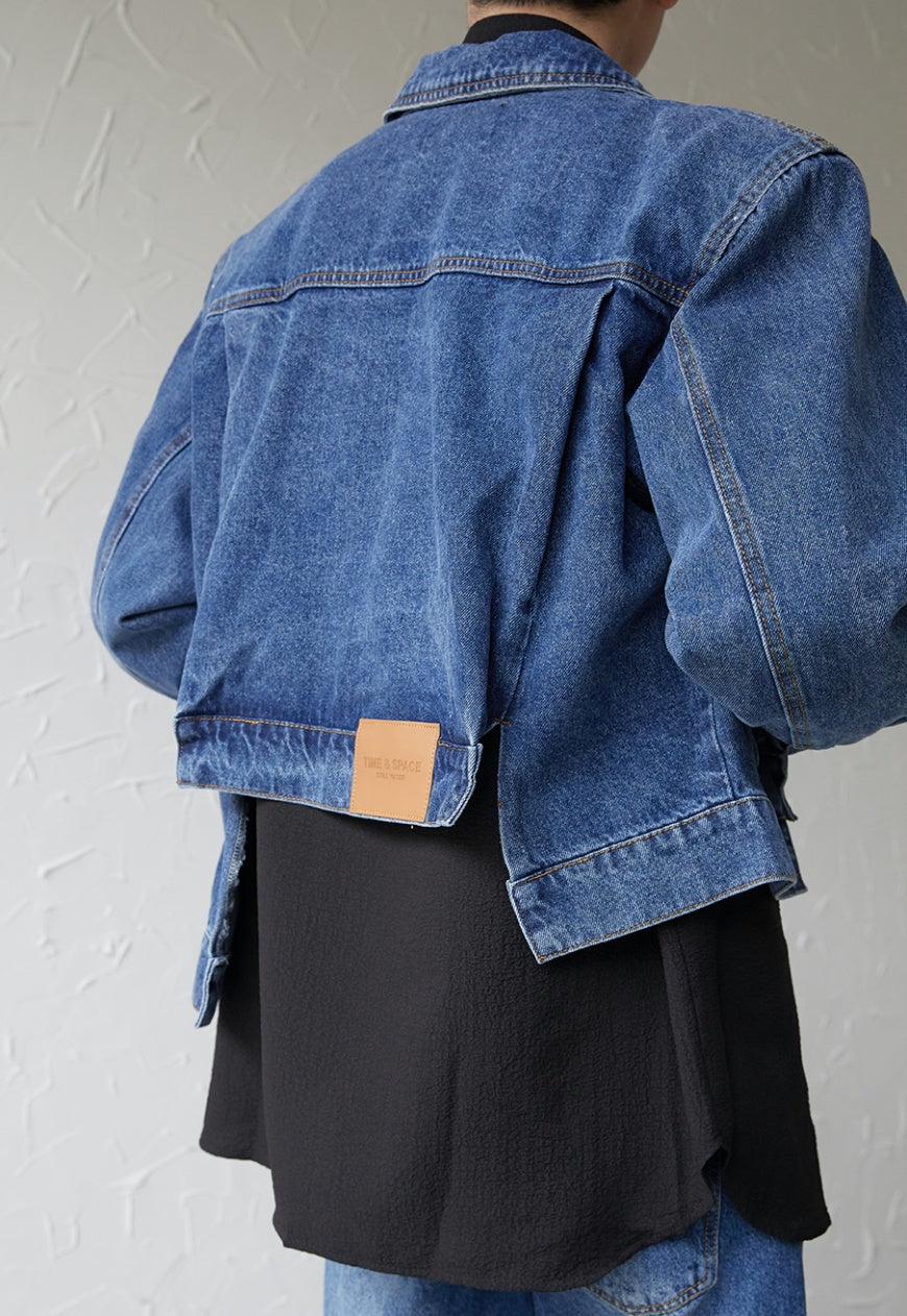 Men's asymmetric denim bomber jacket