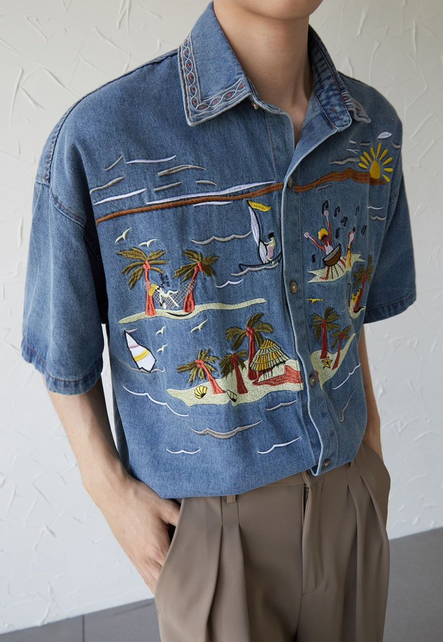 UZIP DESIGE Menâ€™s  Vintage Hawaiian Embroidered Denim Shirt