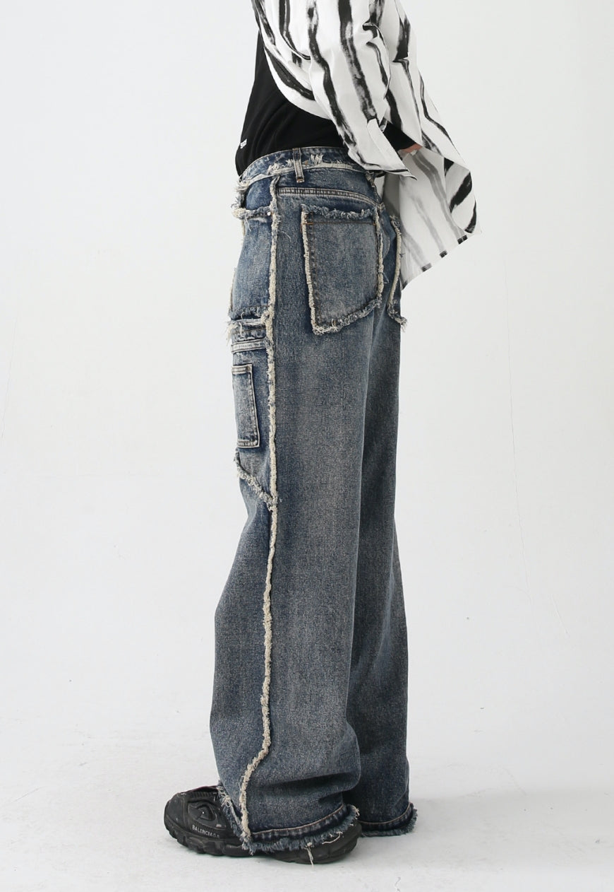 UZIP DESIGN Unisex vintage frayed panel jeans