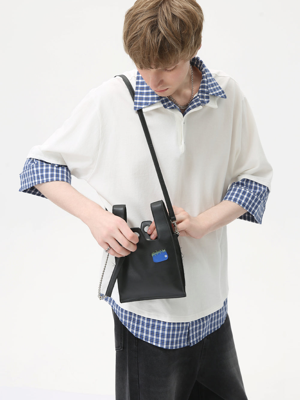 Men's College style fake two-piece plaid POLO shirt