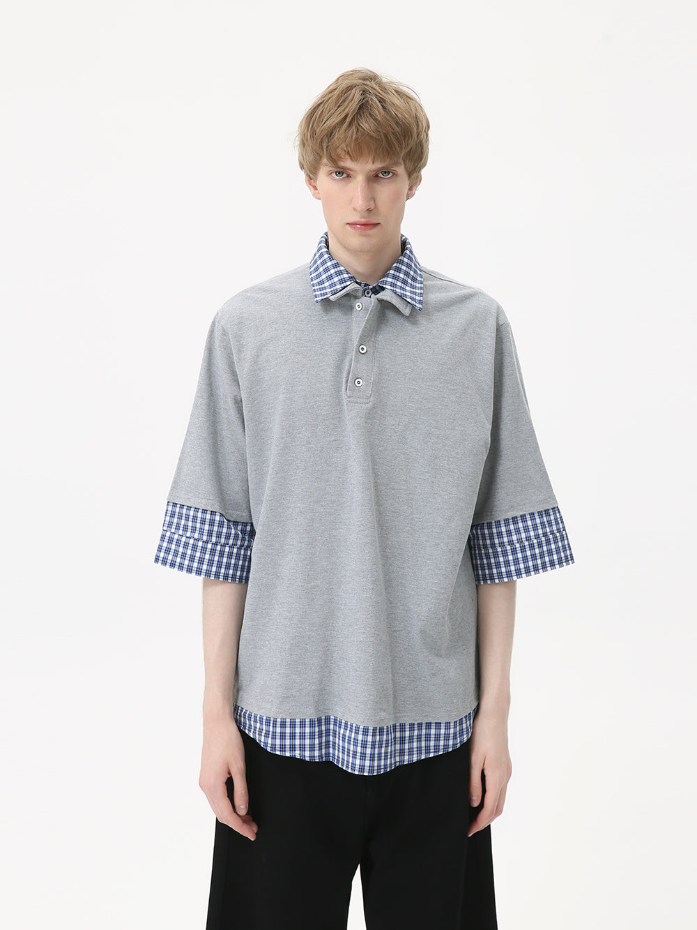 Men's College style fake two-piece plaid POLO shirt