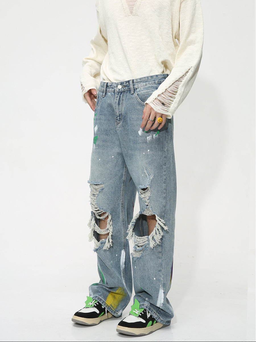 Unisex Ripped Graffiti Jeans