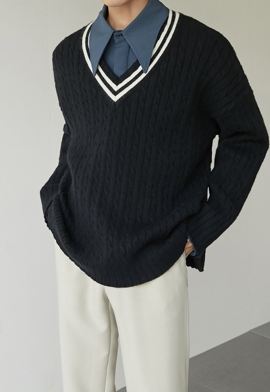 UZIP DESIGN Men's Vintage V-Neck Twist Sweater