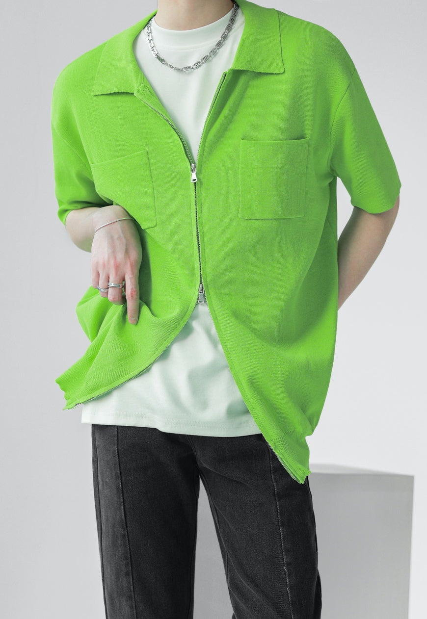 UZIP DESIGE Men's Double Zip Green Knit Polo Shirt SS2022 VOL.3