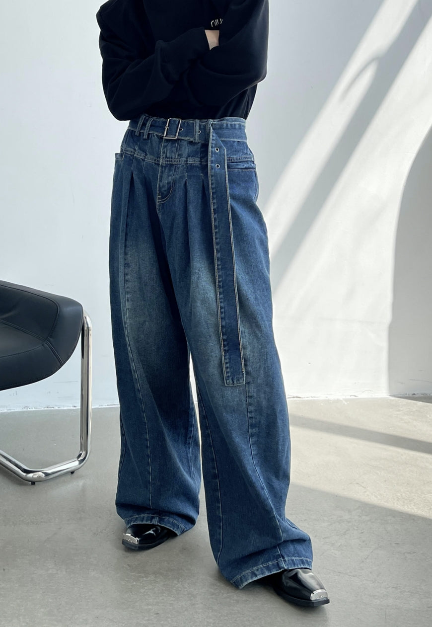 UZIP DESIGN Men's Retro Self-Belt Jeans
