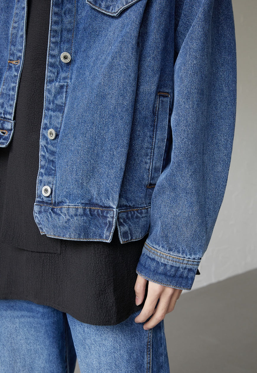 Men's asymmetric denim bomber jacket