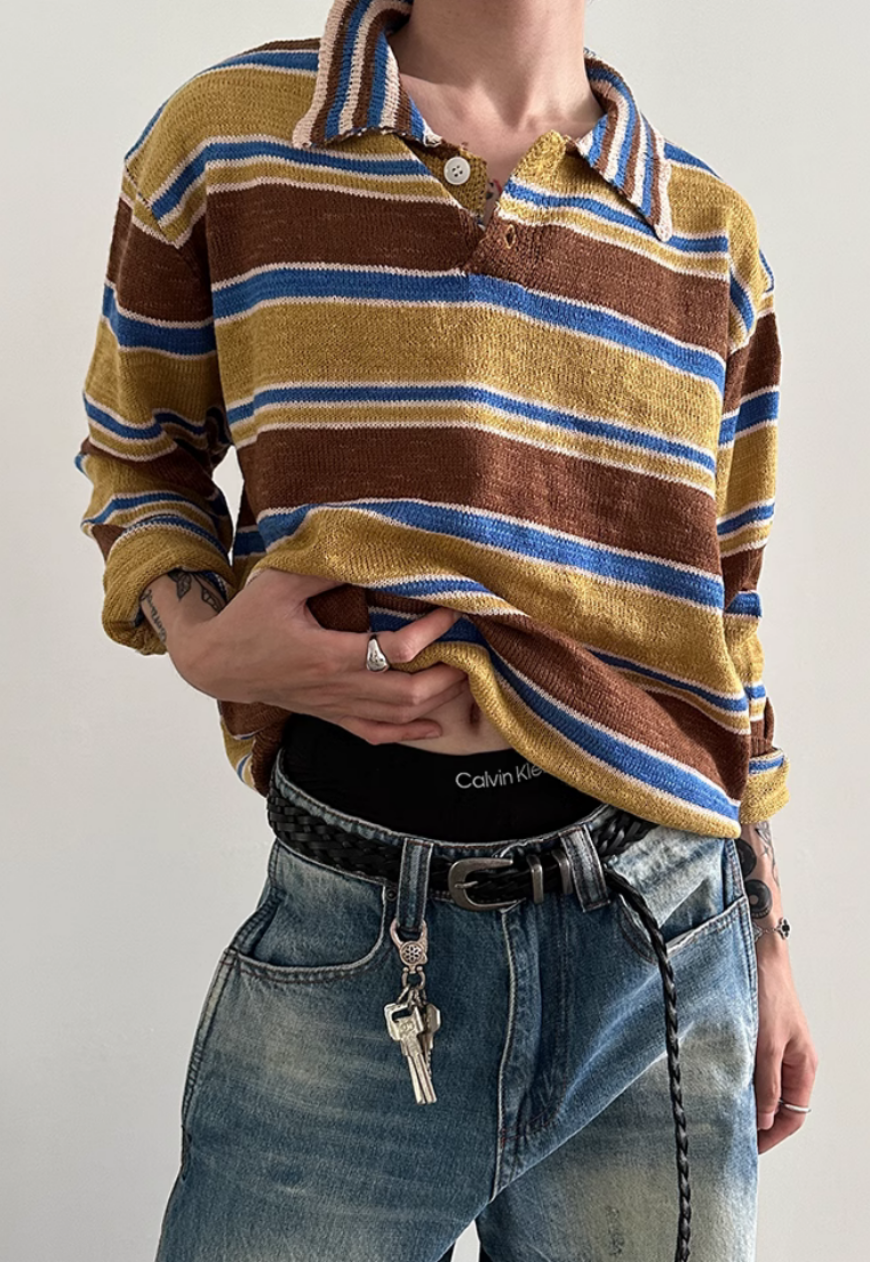Men's rainbow striped polo sweater