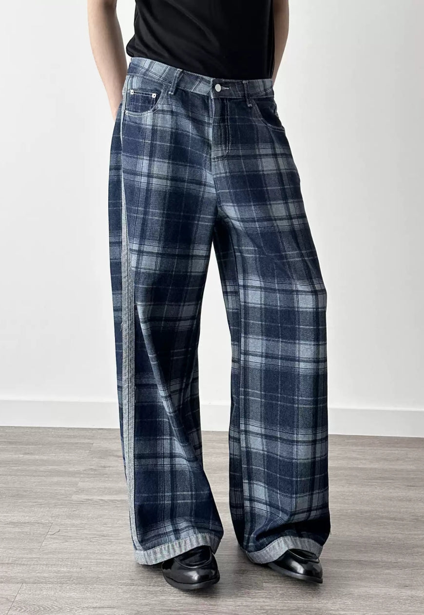 Men's Plaid Patchwork Denim Pants