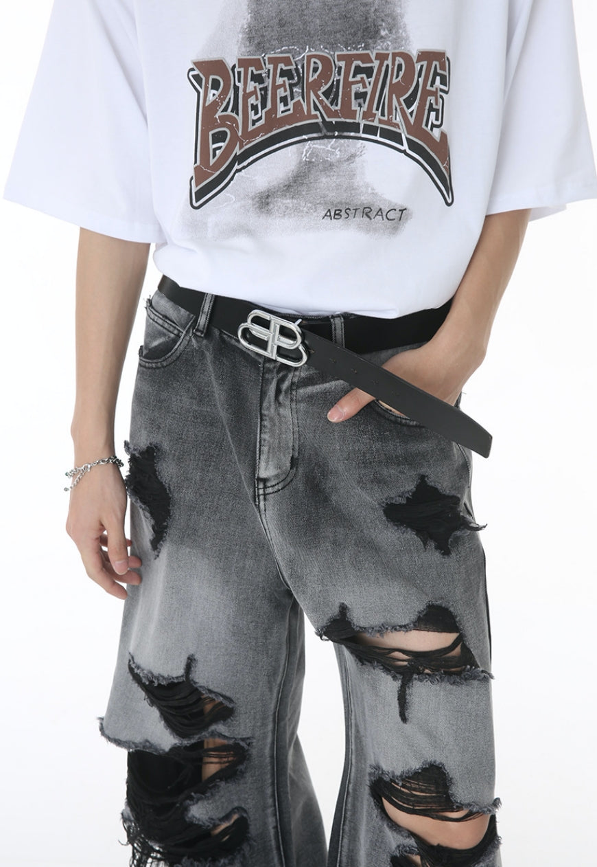 Unisex ripped floor mopping jeans