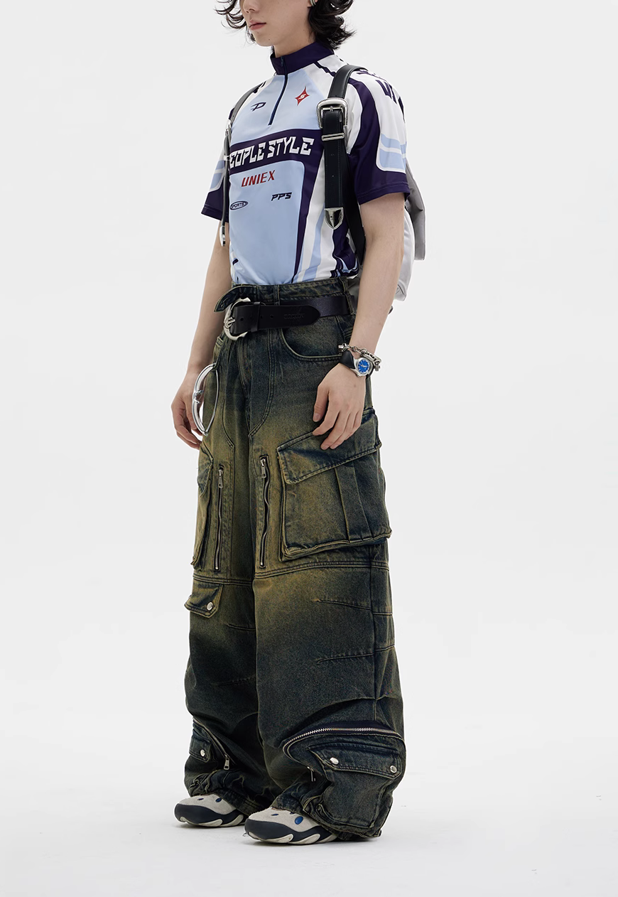 Unisex Vintage Multi Pocket Jeans