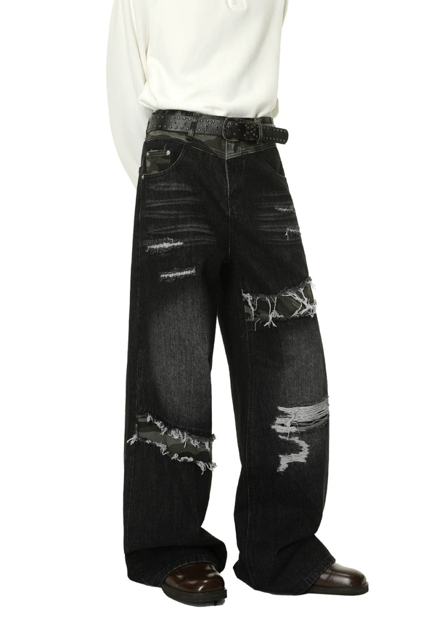 Men's Patchwork distressed denim