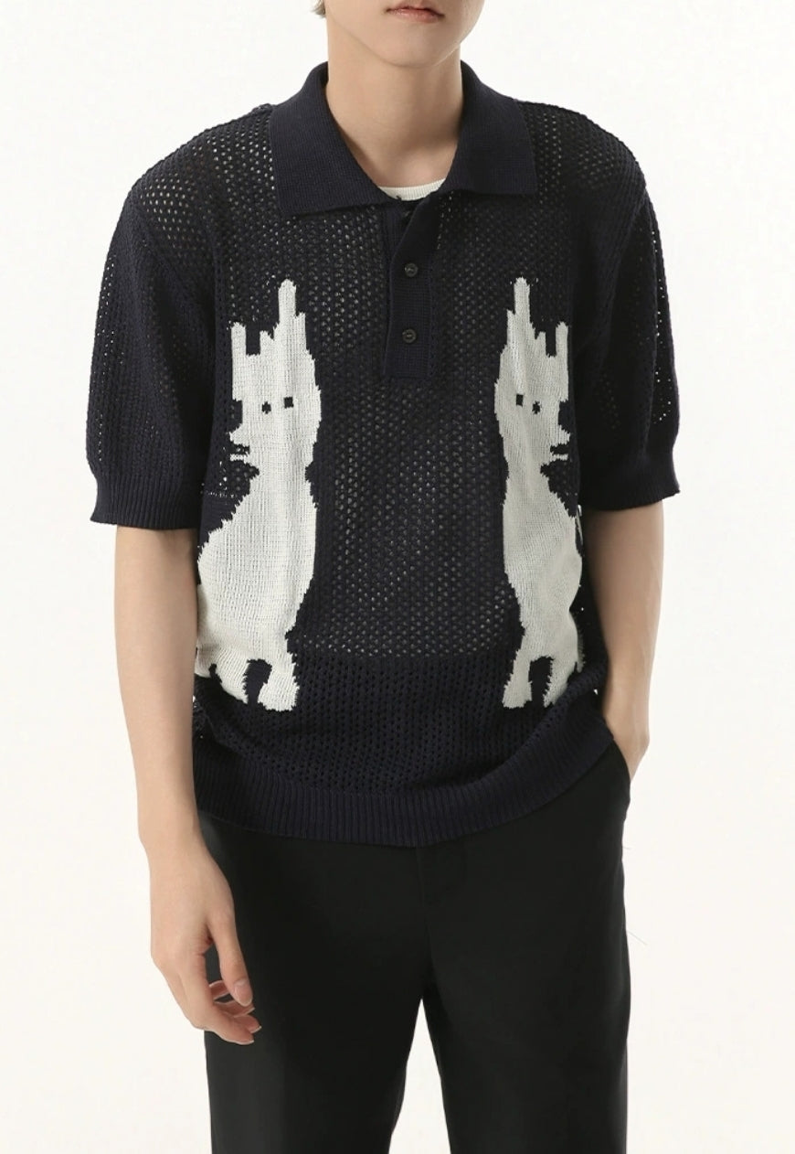 Men's Cartoon Kitten Design Polo Knit