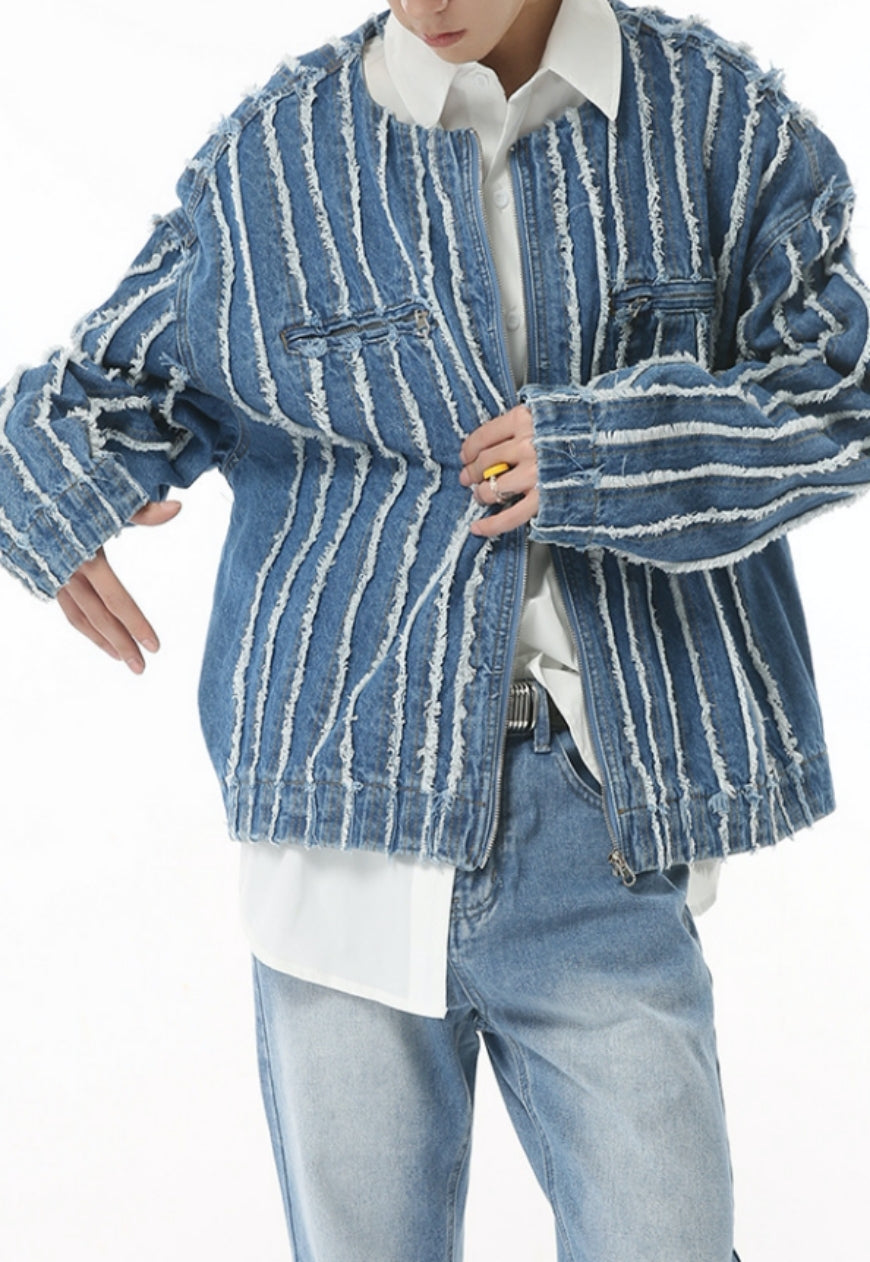 Men's Striped Fringed Denim Jacket