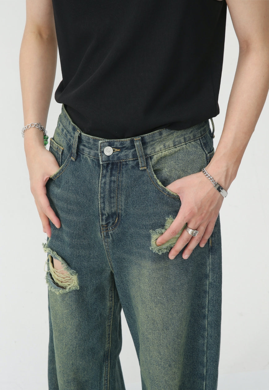 Unisex Vintage Loose Ripped Denim Trousers